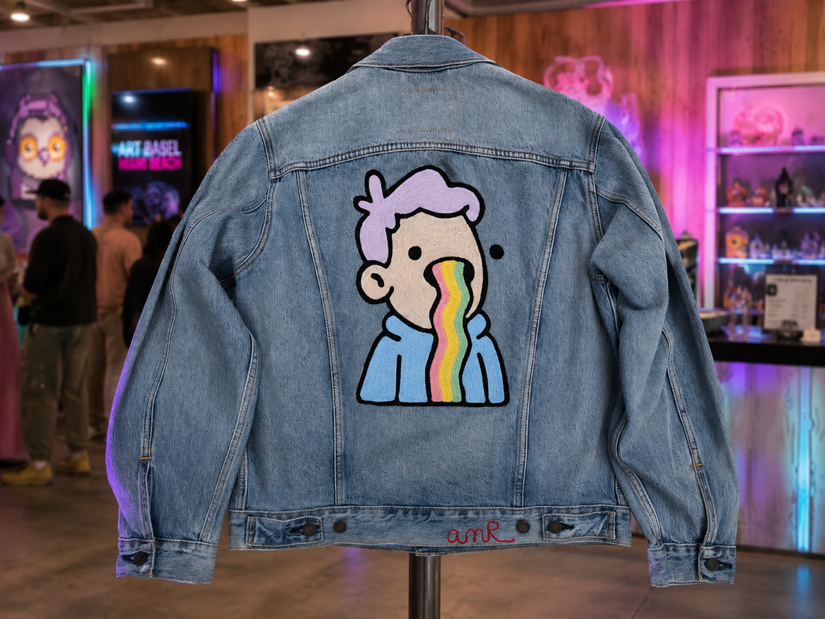 Custom Doodles denim jacket with chainstitch embroidery at Art Basel