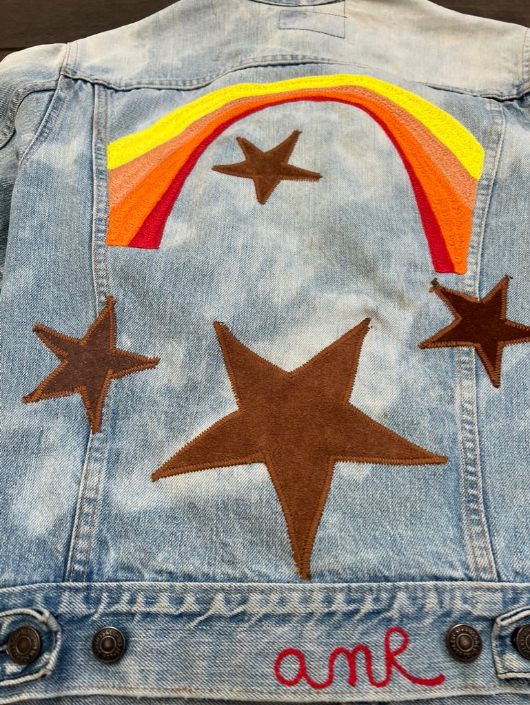 "One of a Kind" Levis Denim Jacket with Chainstitch Embroidery and Leather Stars and patches.