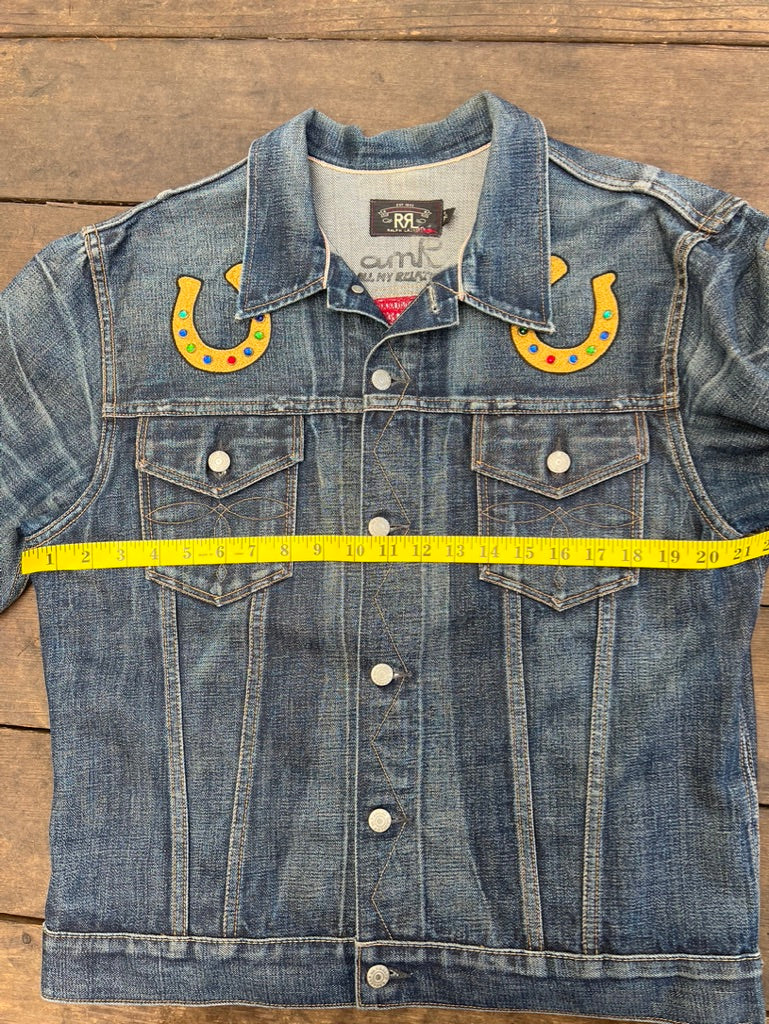 "One of a Kind" RRL Selvage Denim Jacket Made in USA with Custom amR Chainstitch Embroidery and Rhinestone Details