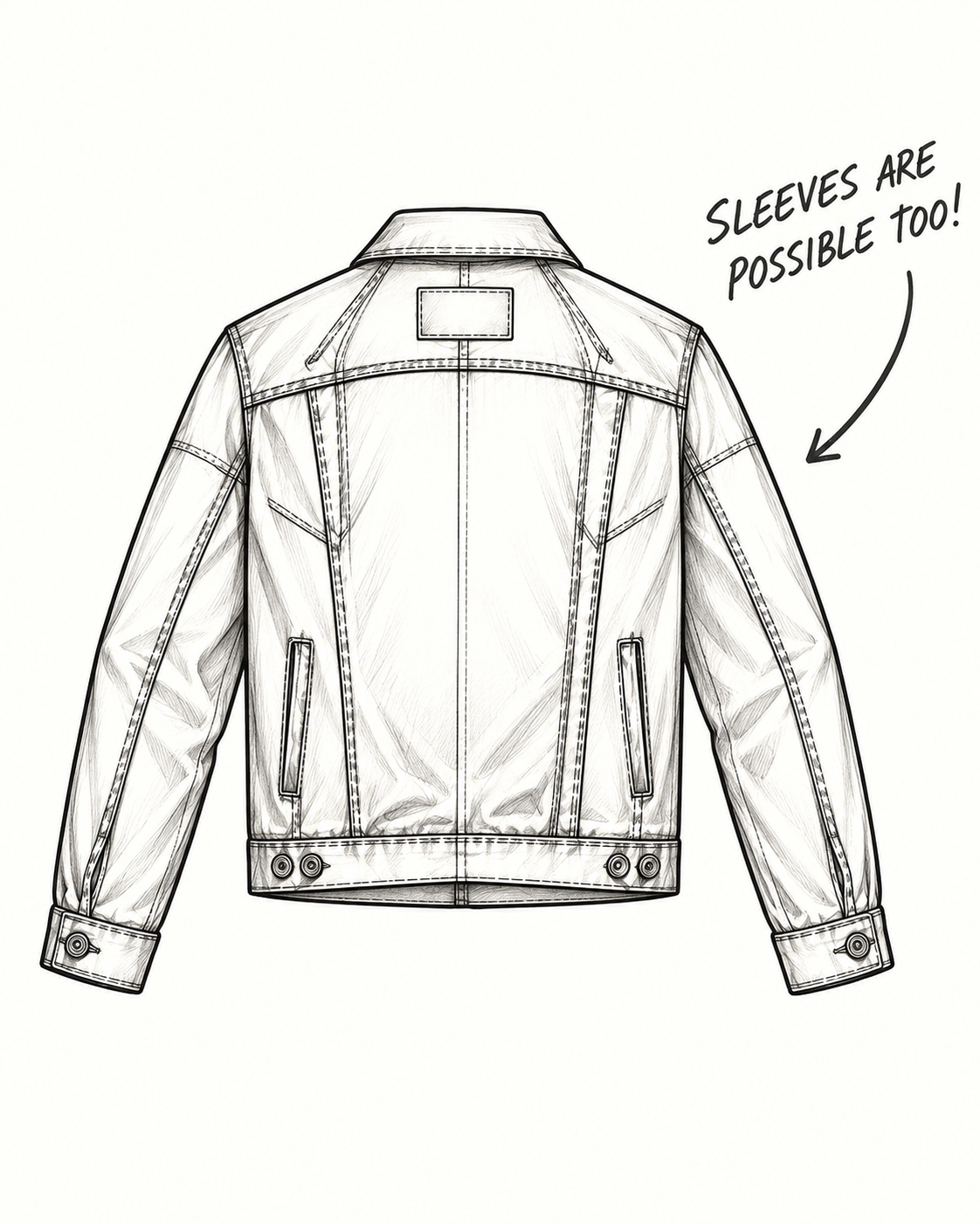 Black and white line art illustration of a denim jacket shown from the back, with an arrow and text reading 'Sleeves are possible too!' on a plain white background