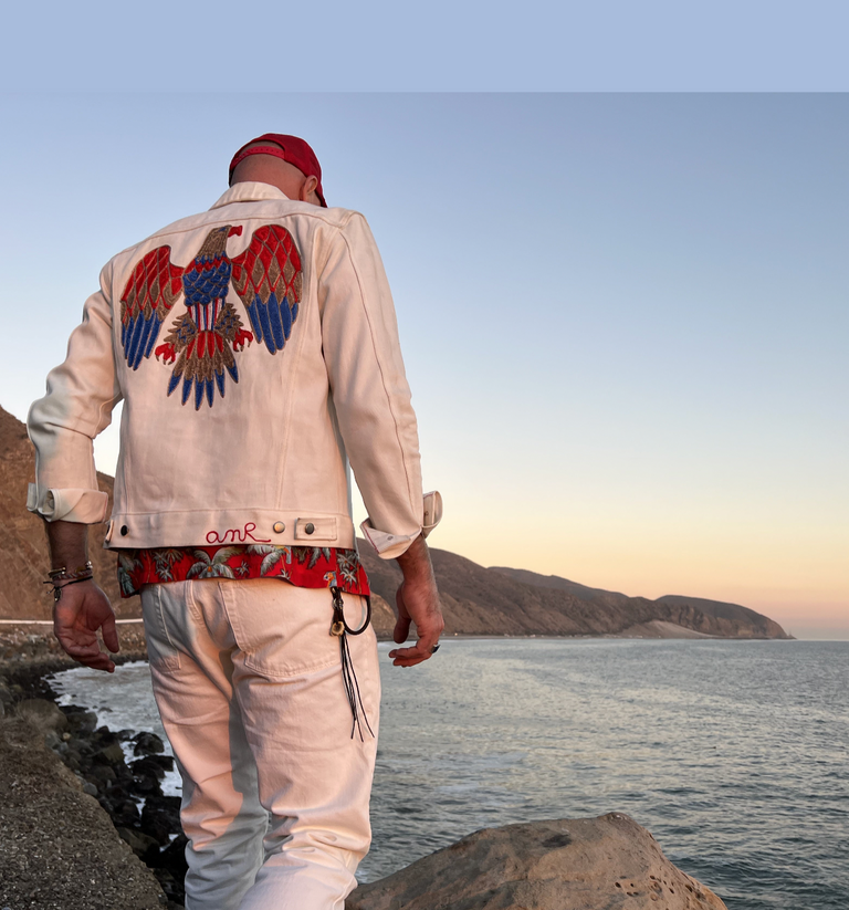 A man viewed from behind wearing a cream-colored denim jacket with a large embroidered eagle design on the back,  standing on a rocky shoreline overlooking the ocean at sunset.