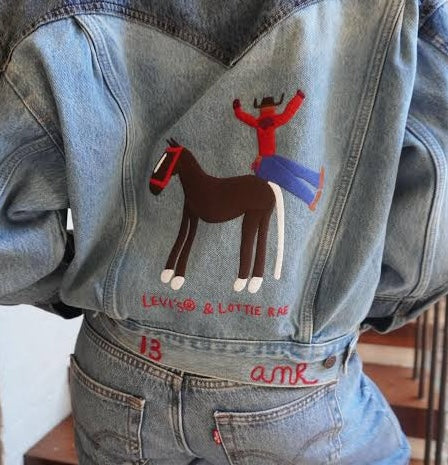 Back of a Levi’s denim jacket featuring hand-guided chainstitch embroidery by amR for the limited-edition Levi’s x Lottie Rae retail collaboration.