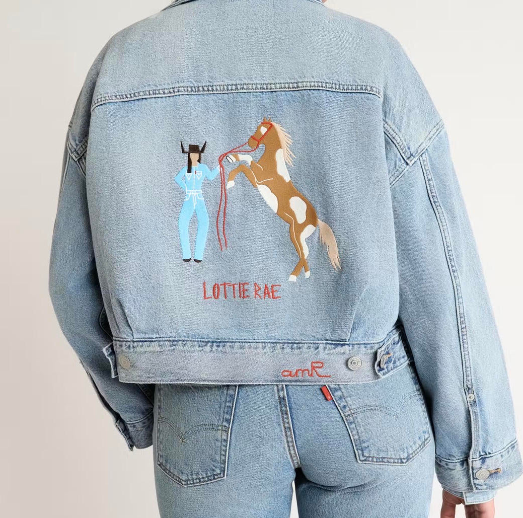 Custom Levi’s denim jacket with live chainstitch embroidery by Lottie Rae for an amR brand activation