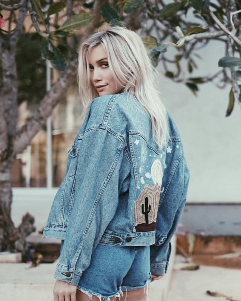 Custom chainstitch embroidered denim jacket with cactus desert artwork in California