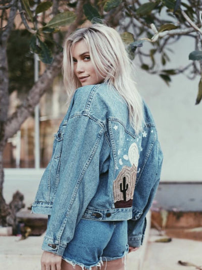 Custom chainstitch embroidered denim jacket with cactus desert artwork in California