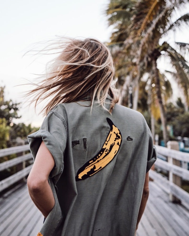 Custom chainstitch embroidered shirt with bold banana artwork on the back