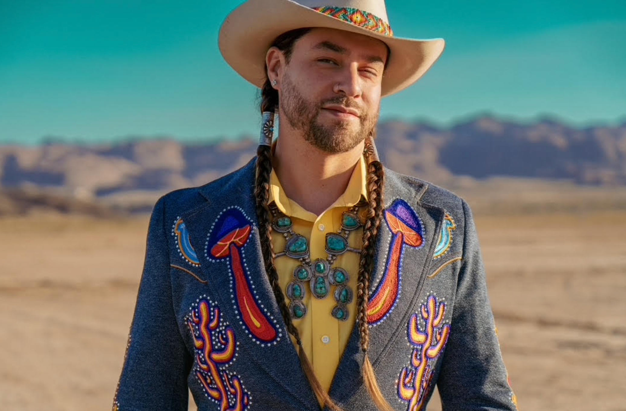Custom chainstitch embroidered Western suit with colourful cactus artwork in California