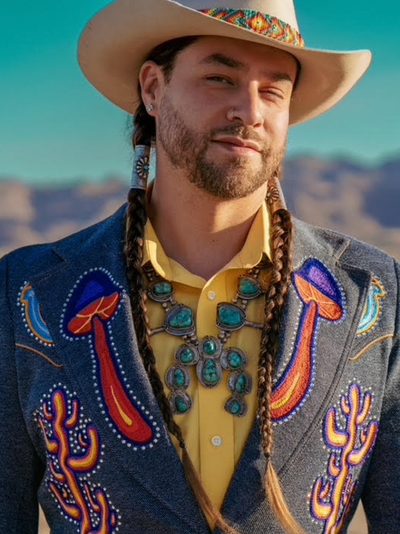 Custom chainstitch embroidered Western suit with colourful cactus artwork in California