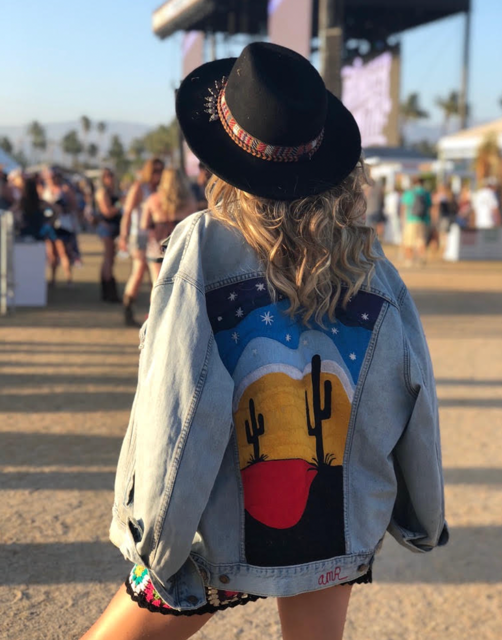 Custom chainstitch embroidered Western suit with colourful cactus and desert artwork