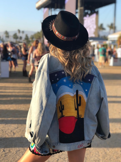 Custom chainstitch embroidered Western suit with colourful cactus and desert artwork