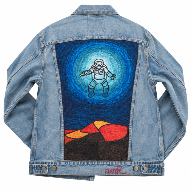 Custom chainstitch embroidery on a light blue denim jacket featuring a floating astronaut surrounded by swirling blue space textures above an abstract red and orange planetary landscape, handcrafted by amR