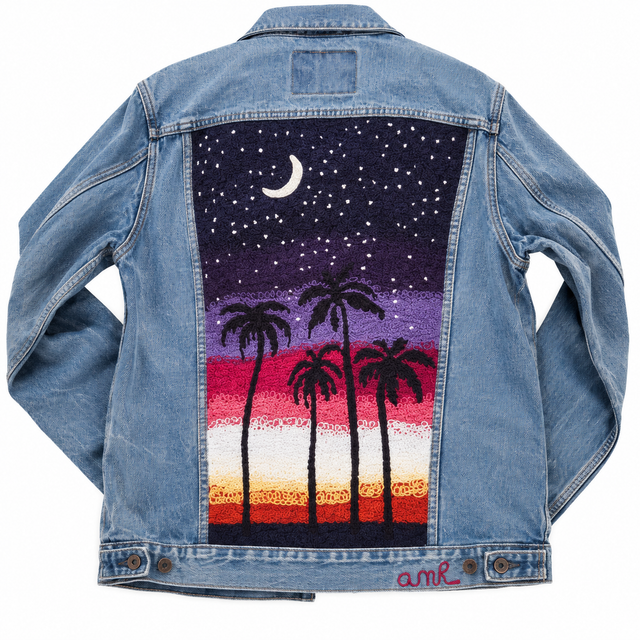Custom chainstitch embroidery on a denim jacket featuring palm trees, a crescent moon and a colorful sunset landscape by amR