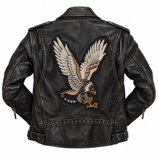 Bespoke leather jacket embroidery by AMR, inspired by Los Angeles biker culture, featuring a vintage black leather jacket with a large soaring eagle back design, intricately stitched cream-colored feathers, bold black outlines, rust-brown accents and golden talons