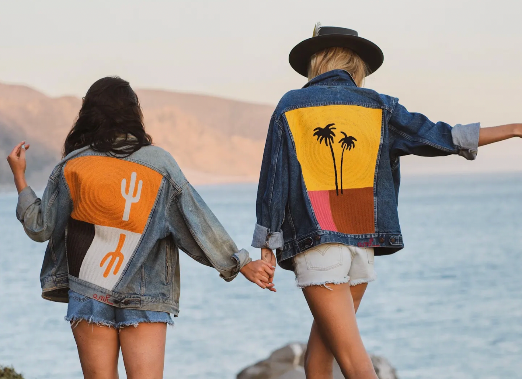 Custom embroidered denim jackets with colorful palm tree and cactus back designs