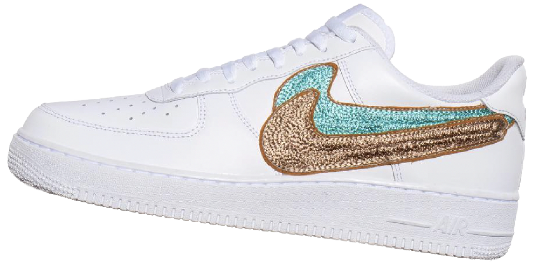 Custom white Nike Air Force 1 with an embroidered turquoise and gold Swoosh by amR
