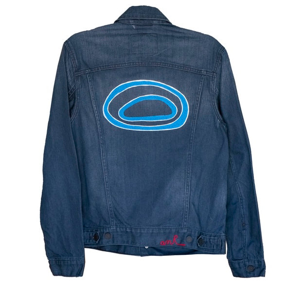 Bespoke denim jacket embroidered for BMW Australia, featuring a bold blue and white stitched graphic on the back, custom made by amR