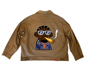 Custom Doodles denim jacket with hand-guided chainstitch embroidery