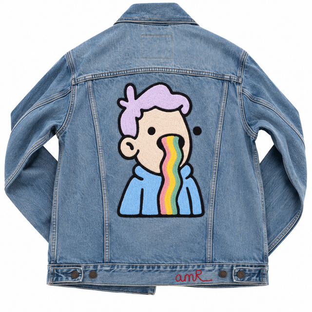 Custom chainstitch embroidery denim jacket created for Doodle, featuring the company’s logo as a large cartoon-style character with lavender hair, a blue hoodie and a rainbow graphic stitched across the back