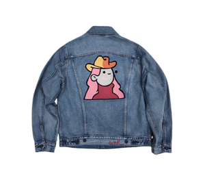 Custom Doodles denim jacket with hand-guided chainstitch embroidery