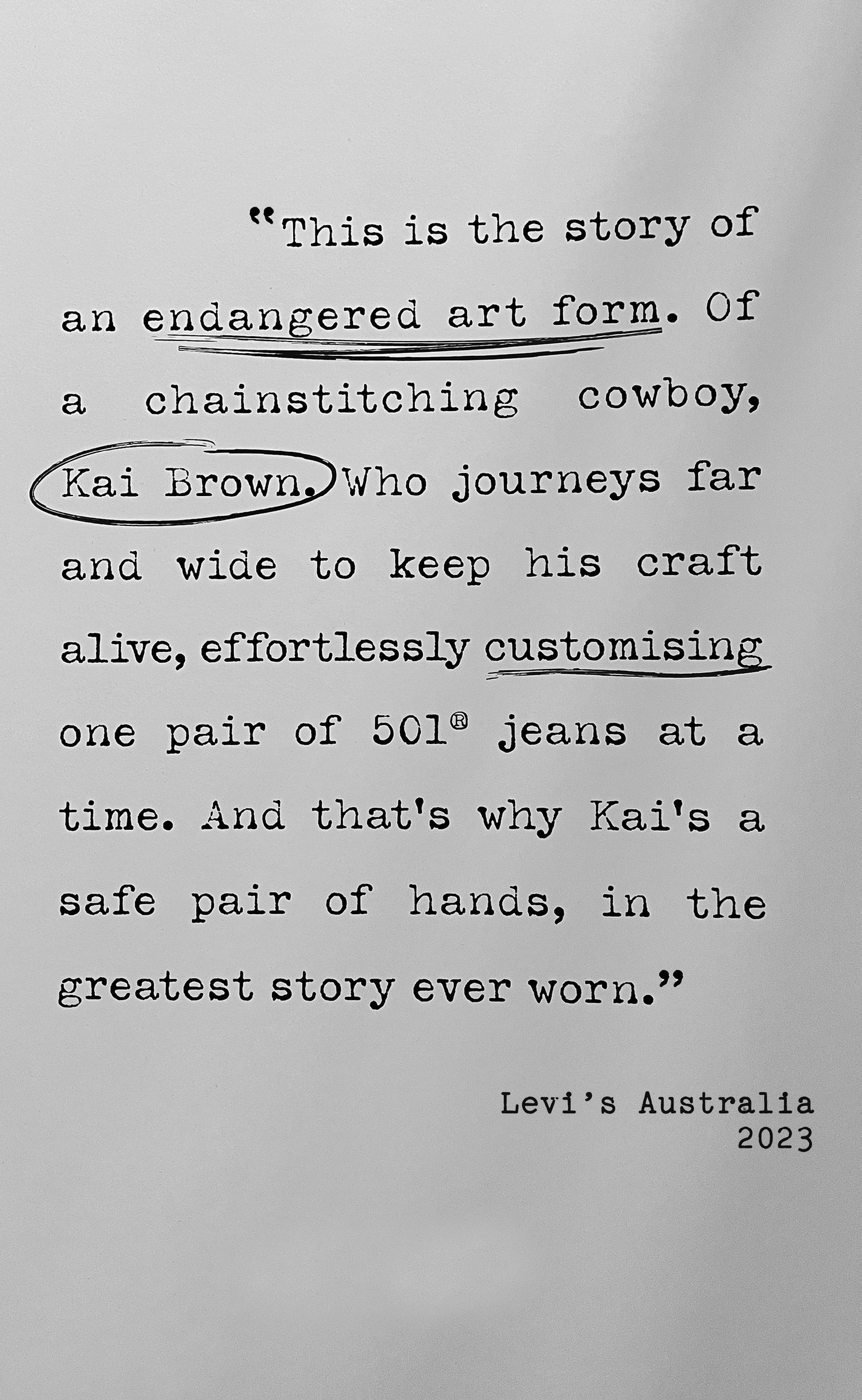 Levi’s Australia testimonial about AMR founder Kai Brown and chainstitch embroidery
