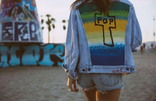 Custom Levi’s denim jacket created with live embroidery for the Levi’s × Junk Food Tees & Jeans project in Venice, California.