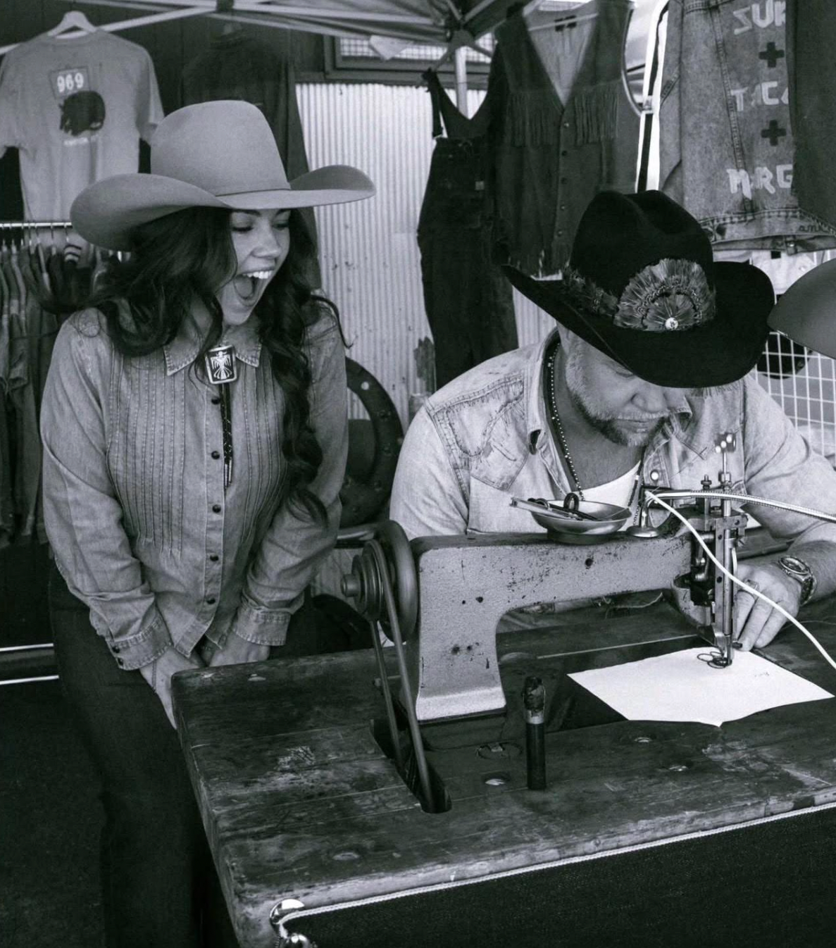 Live chainstitch embroidery artist personalizing a garment for a guest at a Los Angeles event