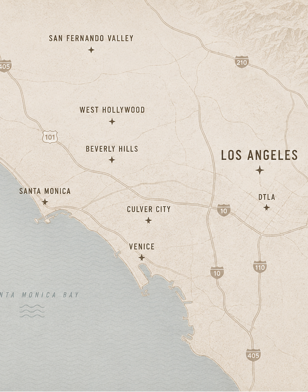 Map showing amR live embroidery service areas including West Hollywood, Beverly Hills, Santa Monica, DTLA, Culver City, Pasadena and Orange County