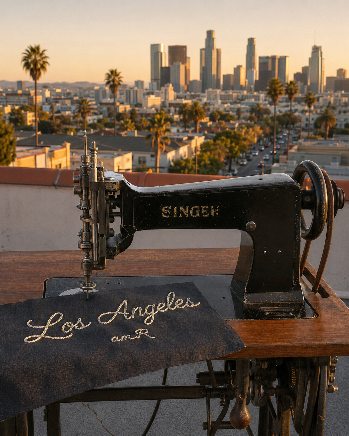 Live chainstitch embroidery setup by amR at a Los Angeles rooftop corporate event with more than 800 guests