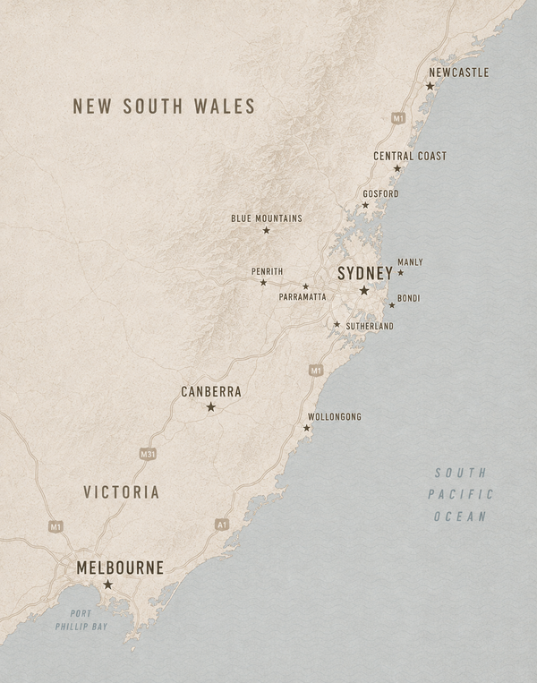 Map showing amR live embroidery service areas across Sydney, Melbourne, Brisbane, Gold Coast, Perth, Adelaide and Canberra