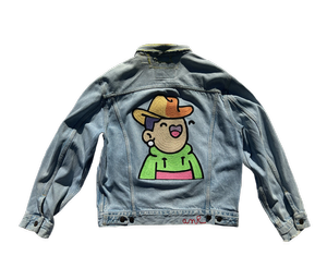 Custom Doodles denim jacket with hand-guided chainstitch embroidery