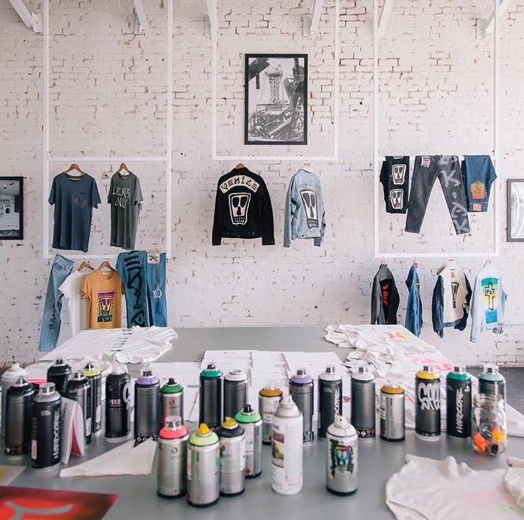 Onsite chainstitch embroidery by amR at the Levi’s x Junk Food retail activation in Venice, Los Angeles
