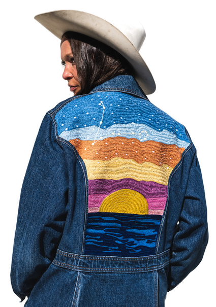 Onsite embroidery service in Los Angeles with a custom chainstitch denim jacket for events