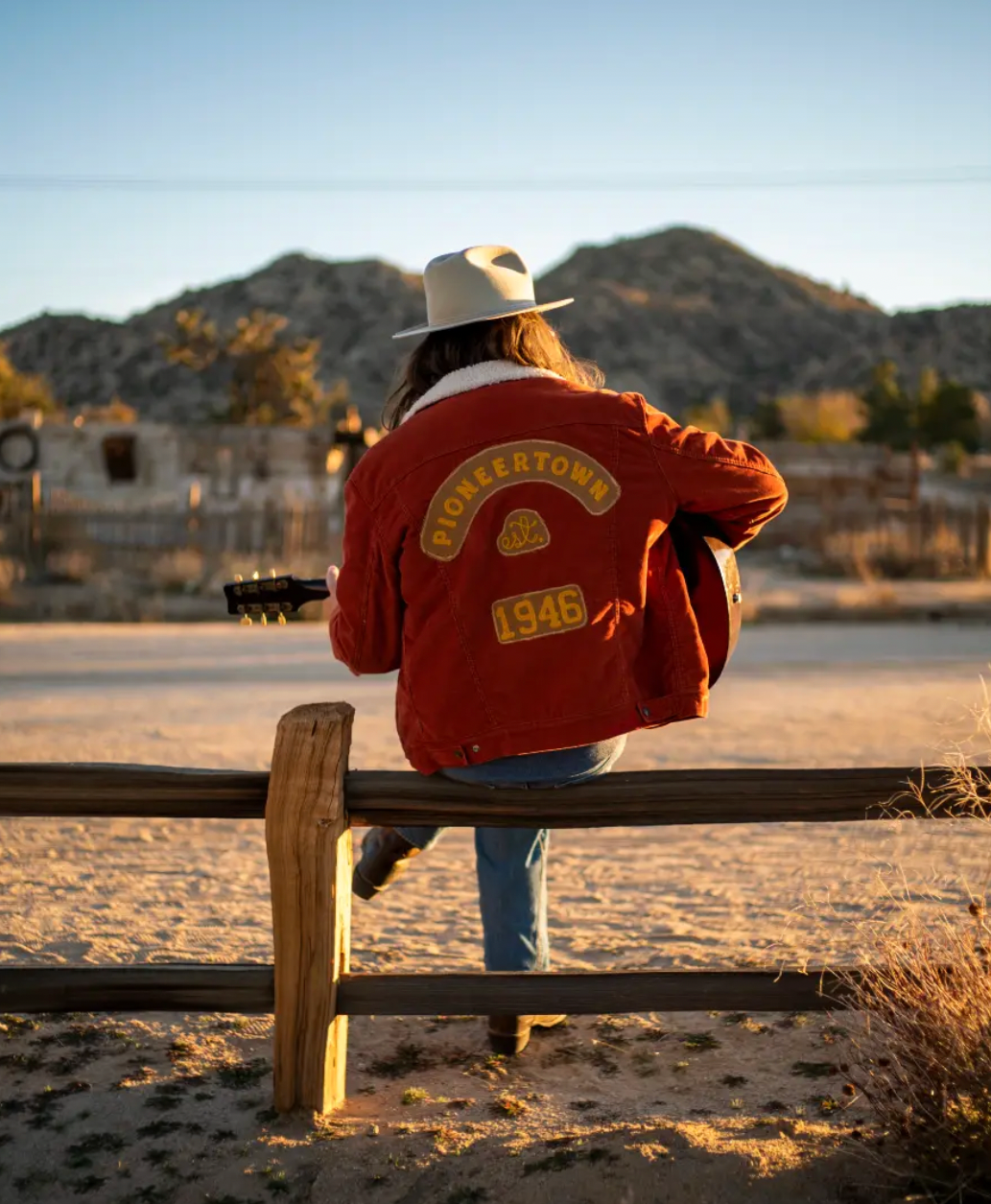 Custom red Pioneertown jacket with 1946 back patches photographed in the California desert