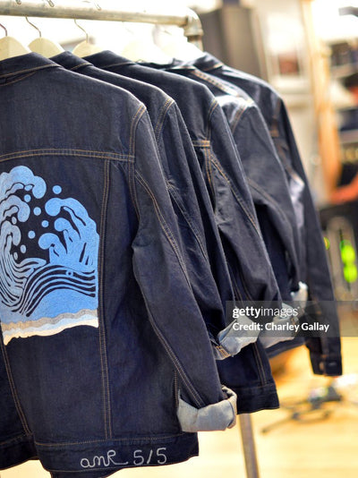 Custom chainstitch embroidered denim jackets with wave artwork for Ron Herman in Los Angeles